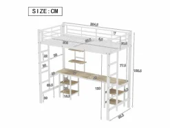 Merax Cama alta infantil - 90 x 200 cm - con mesa y estantes de almacenaje - hierro + MDF - Blanco Sale