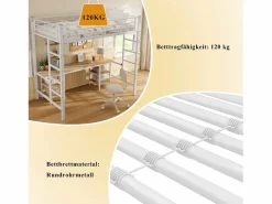 Merax Cama alta infantil - 90 x 200 cm - con mesa y estantes de almacenaje - hierro + MDF - Blanco Sale