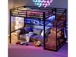 Cama alta infantil - 140 x 200 cm - con armario + almacenaje en el hueco de la escalera + LED - Metal + MDF -^Merax Outlet