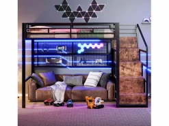 Cama alta infantil - 140 x 200 cm - con armario + almacenaje en el hueco de la escalera + LED - Metal + MDF -^Merax Outlet