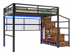 Cama alta infantil - 140 x 200 cm - con armario + almacenaje en el hueco de la escalera + LED - Metal + MDF -^Merax Outlet
