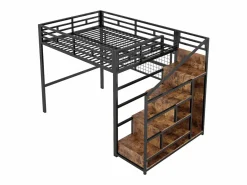 Cama alta infantil - 140 x 200 cm - con armario + almacenaje en el hueco de la escalera + LED - Metal + MDF -^Merax Outlet