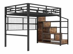 Cama alta infantil - 140 x 200 cm - con armario + almacenaje en el hueco de la escalera + LED - Metal + MDF -^Merax Outlet