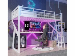Merax Cama alta infantil - 90 x 200 cm - estructura de hierro - con LED + escalera + escritorio - Metal + MDF - Blanco Discount
