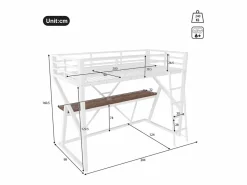 Merax Cama alta infantil - 90 x 200 cm - estructura de hierro - con LED + escalera + escritorio - Metal + MDF - Blanco Discount