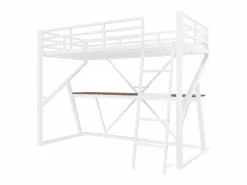 Merax Cama alta infantil - 90 x 200 cm - estructura de hierro - con LED + escalera + escritorio - Metal + MDF - Blanco Discount