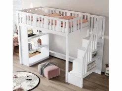 Merax Cama Alta|Cama alta infantil - 90 x 200 cm - con espacio de almacenaje en la escalera y estantería - madera + MDF -