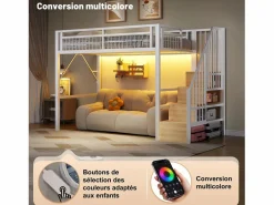 Cama alta infantil - 90 x 200 cm - estructura de hierro - con LED + escalera de almacenaje - metal -^Merax Hot