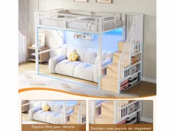Cama alta infantil - 90 x 200 cm - estructura de hierro - con LED + escalera de almacenaje - metal -^Merax Hot