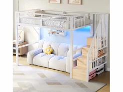 Cama alta infantil - 90 x 200 cm - estructura de hierro - con LED + escalera de almacenaje - metal -^Merax Hot