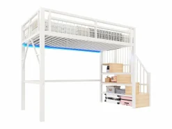 Cama alta infantil - 90 x 200 cm - estructura de hierro - con LED + escalera de almacenaje - metal -^Merax Hot