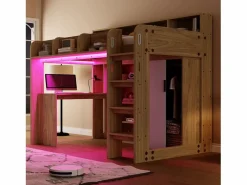 Merax Cama Alta|Cama alta infantil - 90 x 200 cm - con escritorio + armario + mueble de almacenaje + LED - MDF + aglomerado - natural