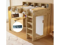 Merax Cama Alta|Cama alta infantil - 90 x 200 cm - con escritorio + armario + mueble de almacenaje + LED - MDF + aglomerado - natural