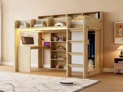 Merax Cama Alta|Cama alta infantil - 90 x 200 cm - con escritorio + armario + mueble de almacenaje + LED - MDF + aglomerado - natural