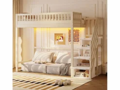 Cama alta infantil - 90 x 200 cm - con escalera de almacenaje + barandilla de seguridad + LED - madera - natural^Merax Sale