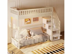 Cama alta infantil - 90 x 200 cm - con escalera de almacenaje + barandilla de seguridad + LED - madera - natural^Merax Sale