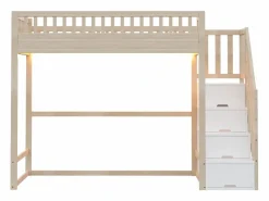 Cama alta infantil - 90 x 200 cm - con escalera de almacenaje + barandilla de seguridad + LED - madera - natural^Merax Sale