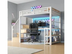 Merax Cama alta infantil - 90 x 200 cm - estructura de hierro - con estante + LED + escritorio + escalera de almacenaje + USB - metal - Blanco New