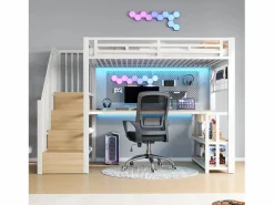 Merax Cama alta infantil - 90 x 200 cm - estructura de hierro - con estante + LED + escritorio + escalera de almacenaje + USB - metal - Blanco New