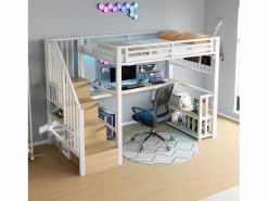 Merax Cama alta infantil - 90 x 200 cm - estructura de hierro - con estante + LED + escritorio + escalera de almacenaje + USB - metal - Blanco New