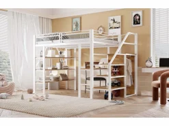Merax Cama Alta|Cama alta infantil - 140 x 200 cm - Con escritorio + armario + piecero con almacenaje - Metal -