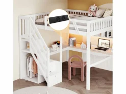 Merax Cama alta infantil - 140 x 200 cm - con escalera de almacenaje + escritorio + puerto USB + LED - madera - Blanco Best