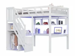 Merax Cama alta infantil - 140 x 200 cm - con escalera de almacenaje + escritorio + puerto USB + LED - madera - Blanco Best