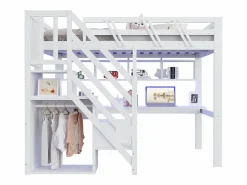 Merax Cama alta infantil - 140 x 200 cm - con escalera de almacenaje + escritorio + puerto USB + LED - madera - Blanco Best