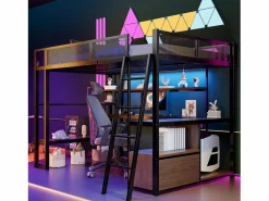 Merax Cama Alta|Cama Infantil|Cama alta infantil de metal - 140 x 200 cm - con escritorio integrado + LED + almacenaje - negra