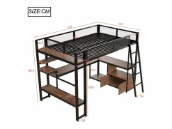 Merax Cama Alta|Cama Infantil|Cama alta infantil de metal - 140 x 200 cm - con escritorio integrado + LED + almacenaje - negra