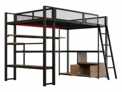Merax Cama Alta|Cama Infantil|Cama alta infantil de metal - 140 x 200 cm - con escritorio integrado + LED + almacenaje - negra