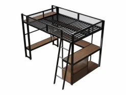 Merax Cama Alta|Cama Infantil|Cama alta infantil de metal - 140 x 200 cm - con escritorio integrado + LED + almacenaje - negra