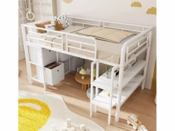 Cama alta infantil de metal - 90 x 200 cm - con escalera ancha + cajones + estantes de almacenamiento - metal -^Merax Best