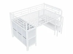 Cama alta infantil de metal - 90 x 200 cm - con escalera ancha + cajones + estantes de almacenamiento - metal -^Merax Best