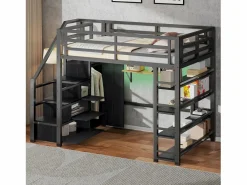 Merax Cama alta infantil de metal - 140 x 200 cm - con estantería + armario + escalera de almacenaje + LED - negra Negro Online
