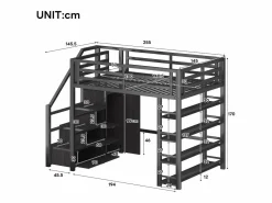 Merax Cama alta infantil de metal - 140 x 200 cm - con estantería + armario + escalera de almacenaje + LED - negra Negro Online