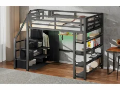 Merax Cama alta infantil de metal - 140 x 200 cm - con estantería + armario + escalera de almacenaje + LED - negra Negro Online