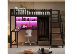 Merax Cama alta infantil de metal - 140 x 200 cm - con escritorio + estantería + armario + cajón + escalera de almacenaje + LED - Negro Discount