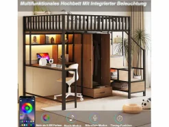 Merax Cama alta infantil de metal - 140 x 200 cm - con escritorio + estantería + armario + cajón + escalera de almacenaje + LED - Negro Discount
