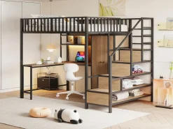 Merax Cama alta infantil de metal - 140 x 200 cm - con escritorio + estantería + armario + cajón + escalera de almacenaje + LED - Negro Discount