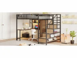 Merax Cama alta infantil de metal - 140 x 200 cm - con escritorio + estantería + armario + cajón + escalera de almacenaje + LED - Negro Discount