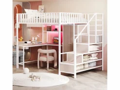 Merax Cama alta infantil de metal - 140 x 200 cm - con escritorio + estantería + armario + cajón + escalera de almacenaje + LED - Blanco Best