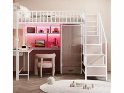 Merax Cama alta infantil de metal - 140 x 200 cm - con escritorio + estantería + armario + cajón + escalera de almacenaje + LED - Blanco Best