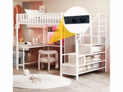 Merax Cama alta infantil de metal - 140 x 200 cm - con escritorio + estantería + armario + cajón + escalera de almacenaje + LED - Blanco Best