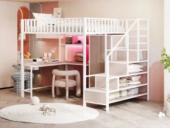 Merax Cama alta infantil de metal - 140 x 200 cm - con escritorio + estantería + armario + cajón + escalera de almacenaje + LED - Blanco Best