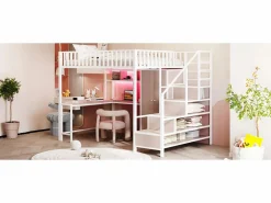 Merax Cama alta infantil de metal - 140 x 200 cm - con escritorio + estantería + armario + cajón + escalera de almacenaje + LED - Blanco Best