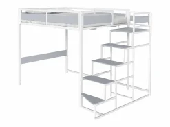 SENHO Cama alta MONTANA con escalera reversible y gran zona de descanso de 140 x 190 cm en metal con acabado epoxi y melamina gris claro Blanco New