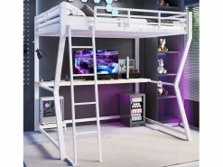 Cama alta para adultos 140x200 cm, blanca, con luz LED y USB, escritorio - sin colchón^OKWISH Hot