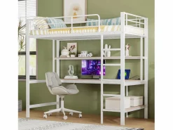 Hauss Spole Cama alta tipo mezzanine 90x200 cm de metal – con barandilla, escalera, USB y enchufe, LED, escritorio y estantería integrada – Blanca (sin colchón) Blanco