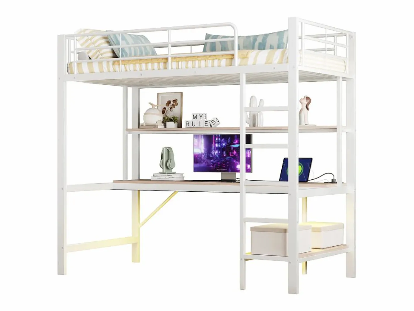 Hauss Spole Cama alta tipo mezzanine 90x200 cm de metal – con barandilla, escalera, USB y enchufe, LED, escritorio y estantería integrada – Blanca (sin colchón) Blanco